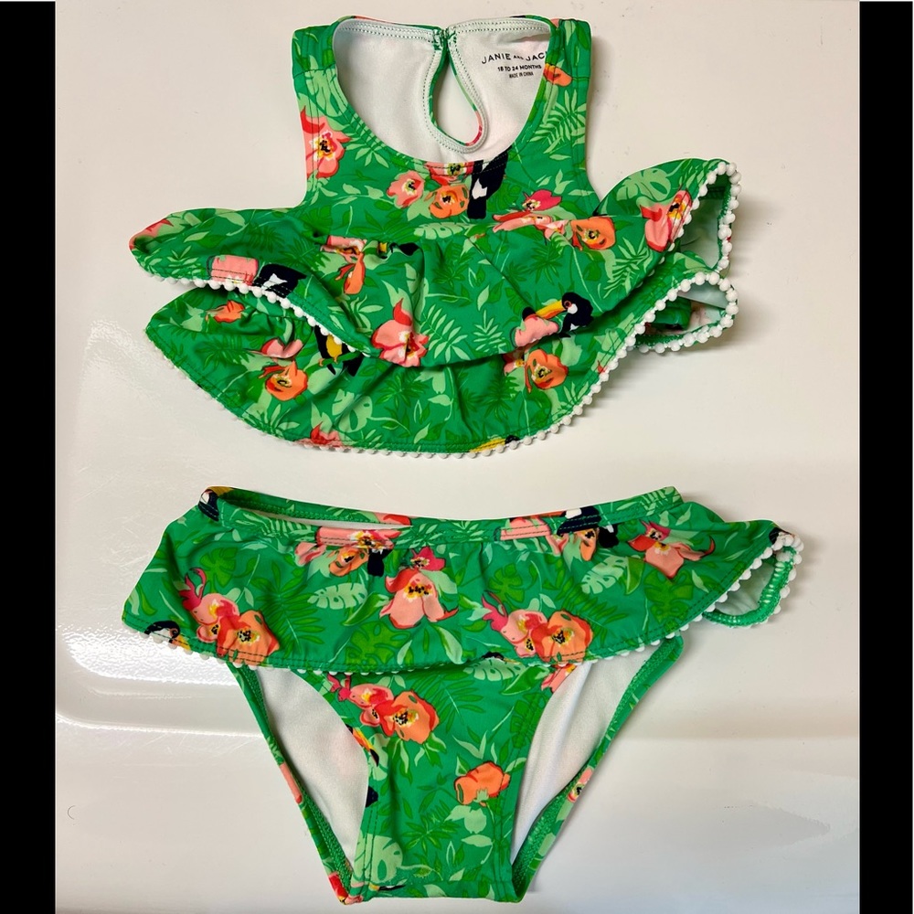 Girls Janie and Jack Two Piece Green Swimsuit With Tucan/floral Print 18-24 mos